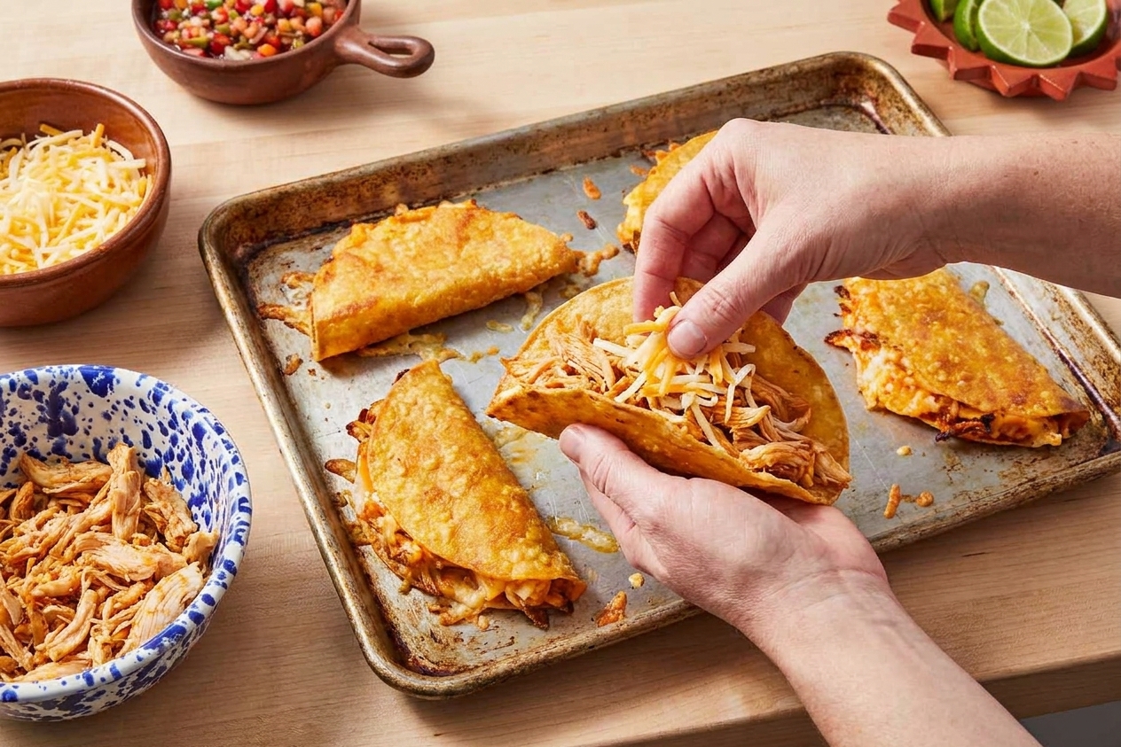 A pair of hands assembling folded tacos on a hot sheet pan with tortillas, shredded chicken, and shredded cheese in a bright home kitchen