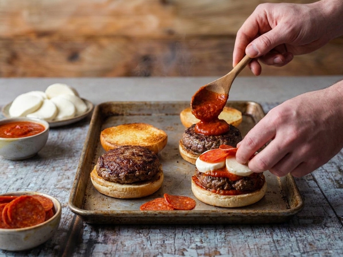 A pair of hands assembling pizza burgers on toasted buns, spooning marinara onto a patty and adding mozzarella and pepperoni on a sheet pan in a home kitchen