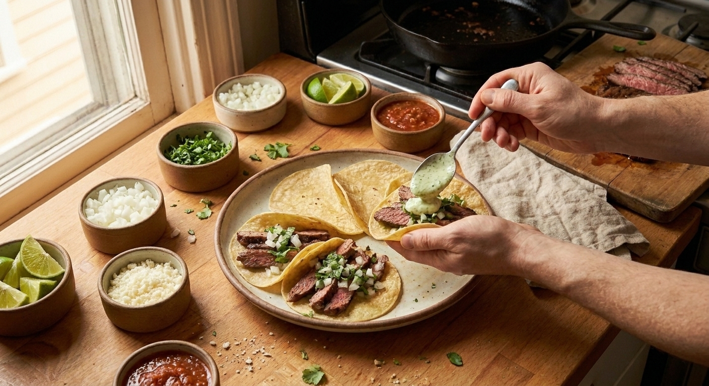 A pair of hands assembling steak tacos on a kitchen counter with bowls of toppings nearby, warm home kitchen lighting