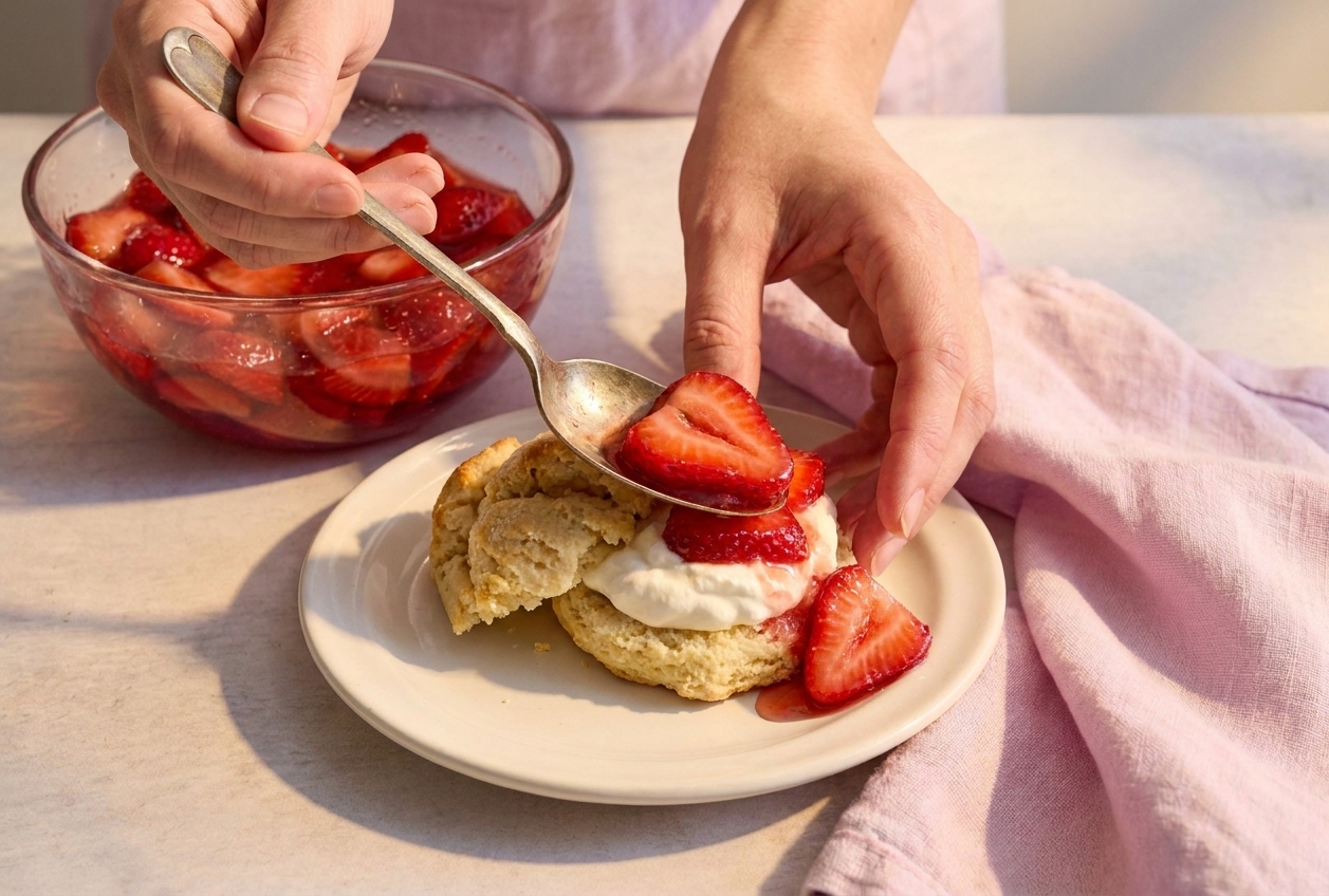 A pair of hands assembling strawberry shortcake by spooning syrupy strawberries over a split shortcake biscuit on a plate