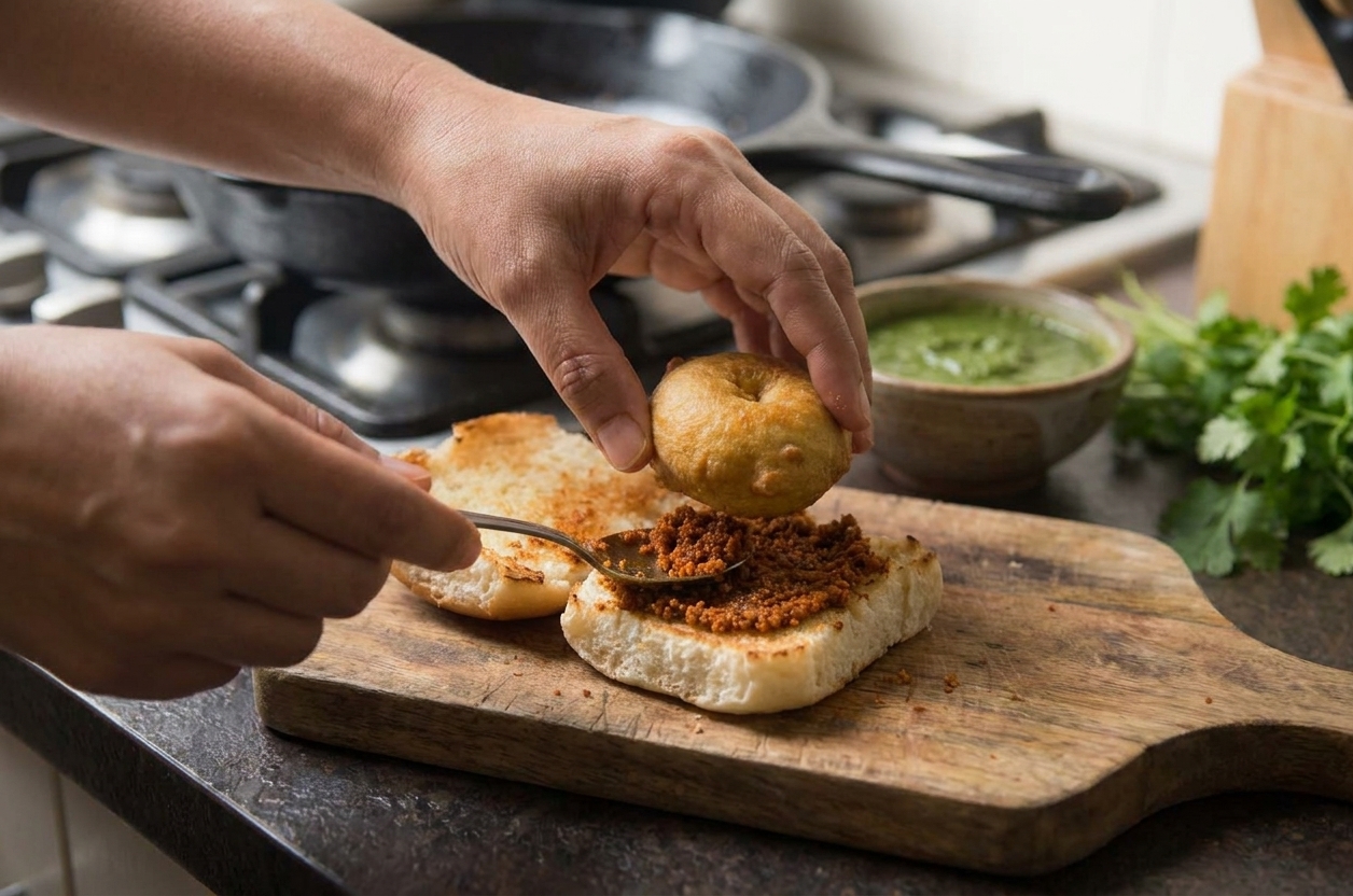 A pair of hands assembling vada pav on a wooden cutting board, spreading garlic chutney inside a toasted roll and placing a golden potato vada