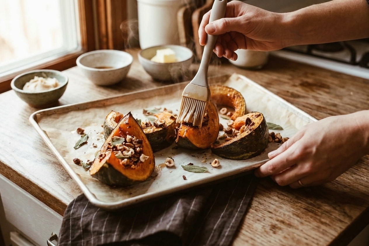 A pair of hands brushing glossy miso maple butter onto hot roasted kabocha squash wedges on a sheet pan in a home kitchen