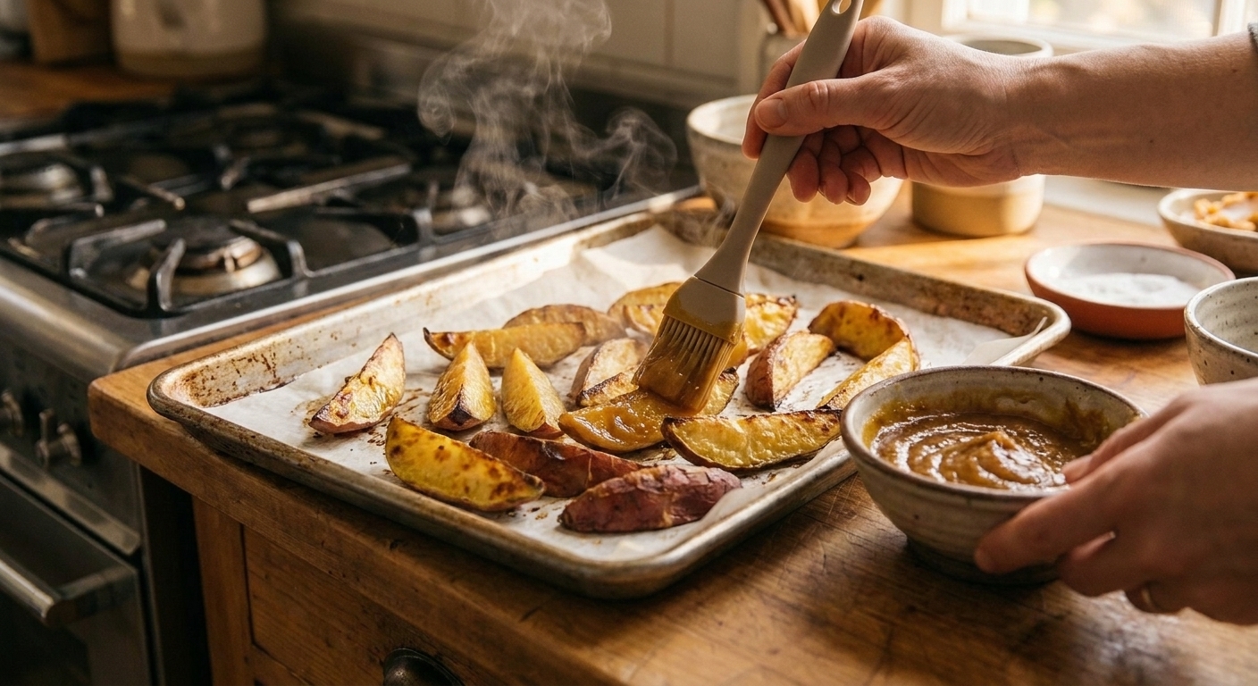 A pair of hands brushing miso butter over hot roasted Japanese sweet potato wedges on a sheet pan on a kitchen counter