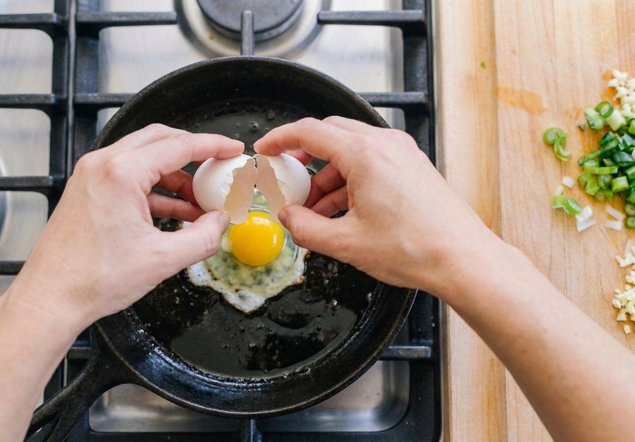 A pair of hands cracking an egg into a hot skillet on a home stovetop with simple kitchen lighting