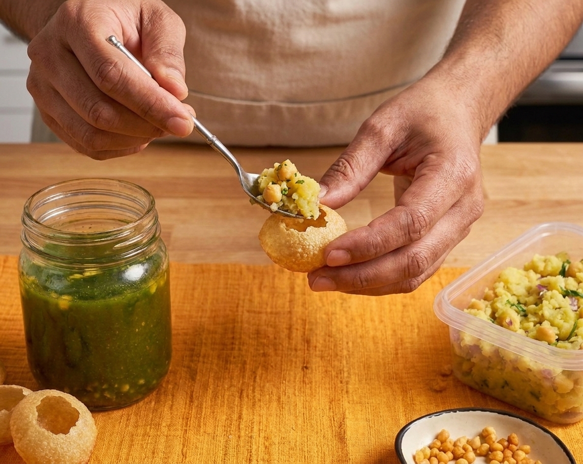 A pair of hands cracking the top of a pani puri shell and spooning in potato chickpea filling over a kitchen counter