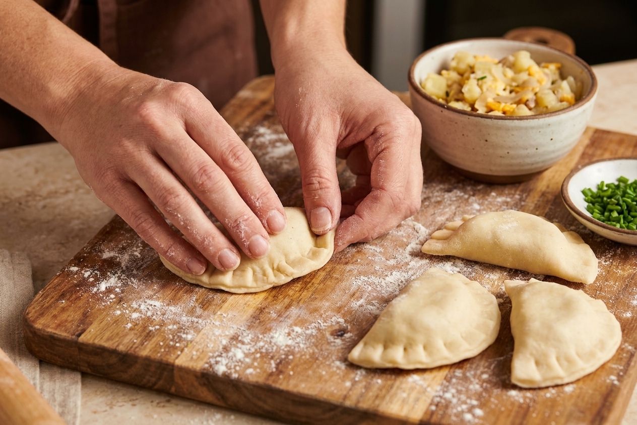 A pair of hands crimping the edge of a pierogi on a floured wooden board with other filled dumplings nearby