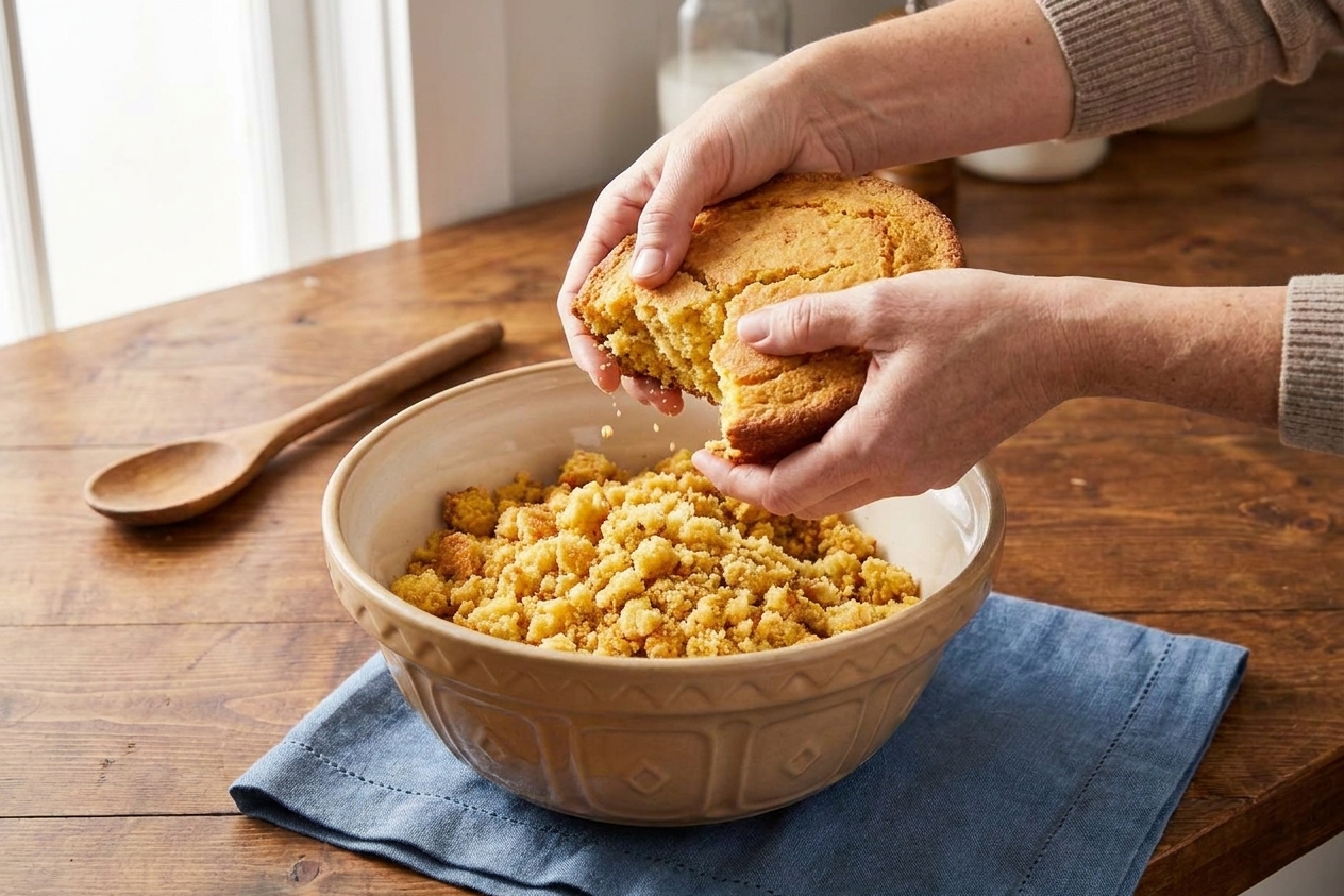 A pair of hands crumbling cornbread into a large bowl on a warm, homey kitchen counter