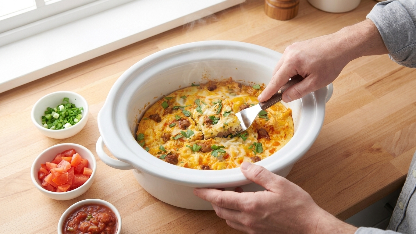 A pair of hands cutting a warm crockpot breakfast casserole into squares inside the slow cooker insert on a kitchen counter