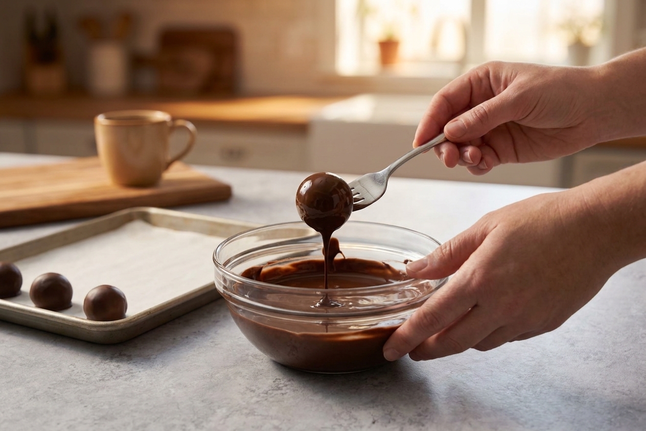 A pair of hands dipping a chilled Oreo truffle into melted chocolate with a fork over a parchment-lined baking sheet on a home kitchen counter