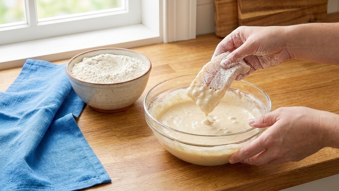 A pair of hands dipping a floured piece of cod into a bowl of beer batter on a home kitchen counter