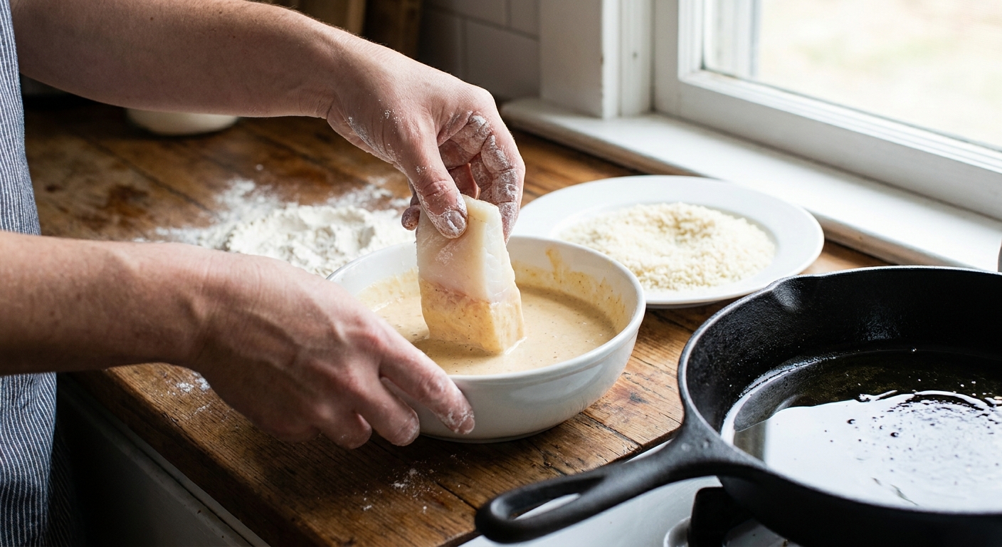 A pair of hands dipping a piece of white fish into a bowl of batter on a kitchen counter.