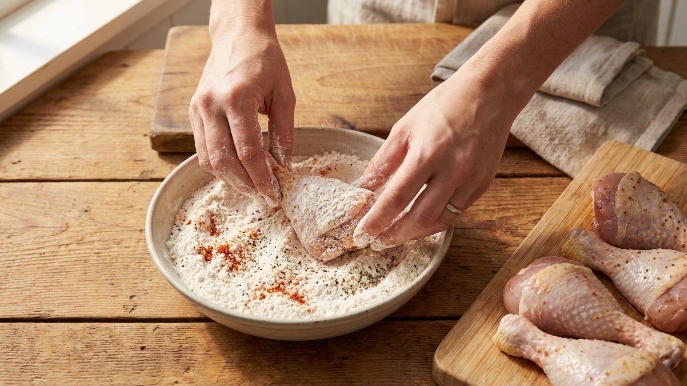 A pair of hands dredging a piece of raw chicken in a bowl of seasoned flour on a kitchen counter with other chicken pieces nearby