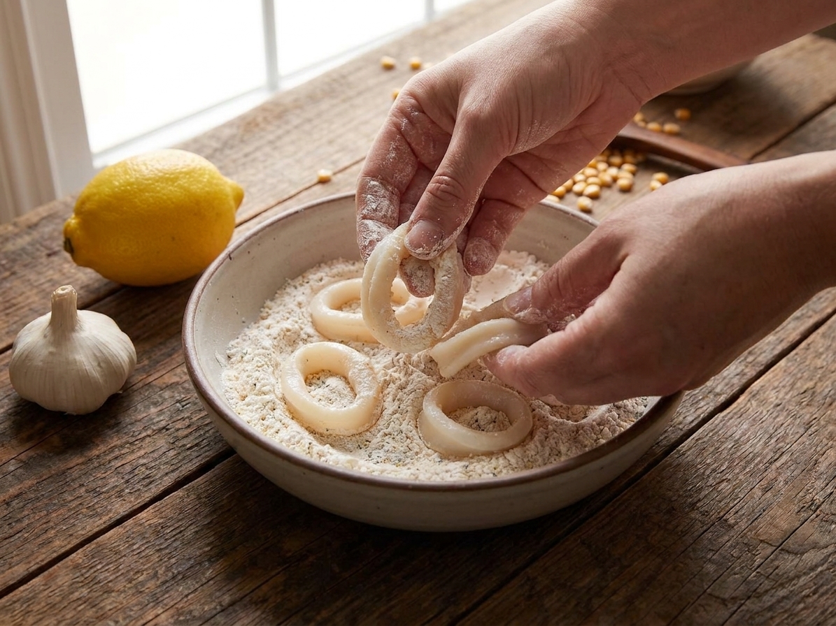 A pair of hands dredging calamari rings in a bowl of seasoned flour and cornstarch on a home kitchen counter with a lemon and garlic nearby