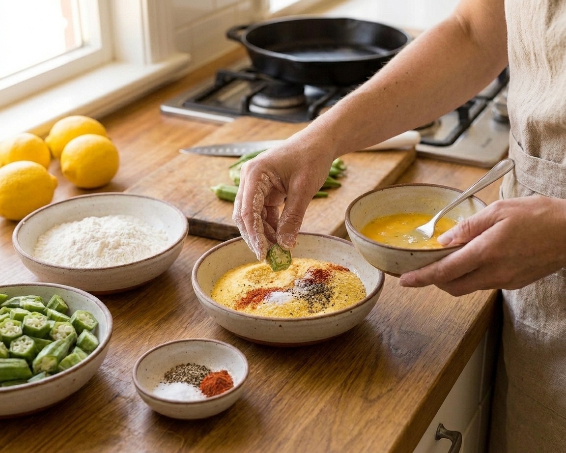 A pair of hands dredging sliced okra through flour, egg, and seasoned cornmeal on a home kitchen counter with spices nearby