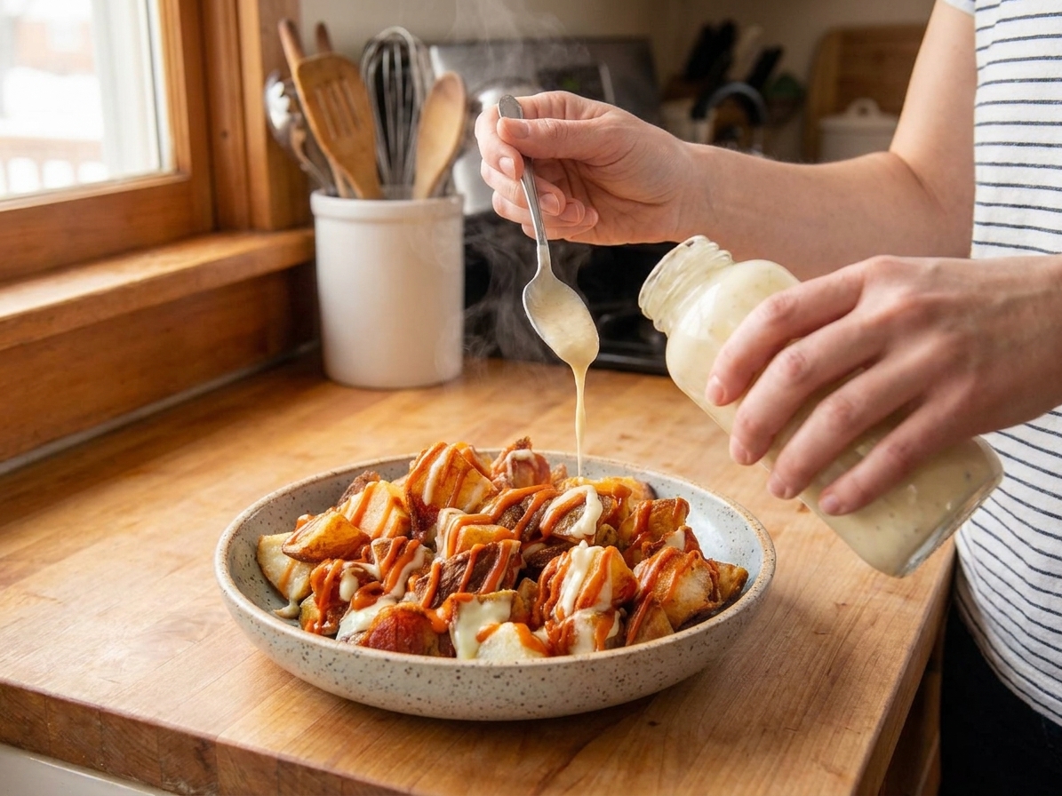 A pair of hands drizzling creamy garlic aioli over a platter of patatas bravas with red sauce in a cozy kitchen setting