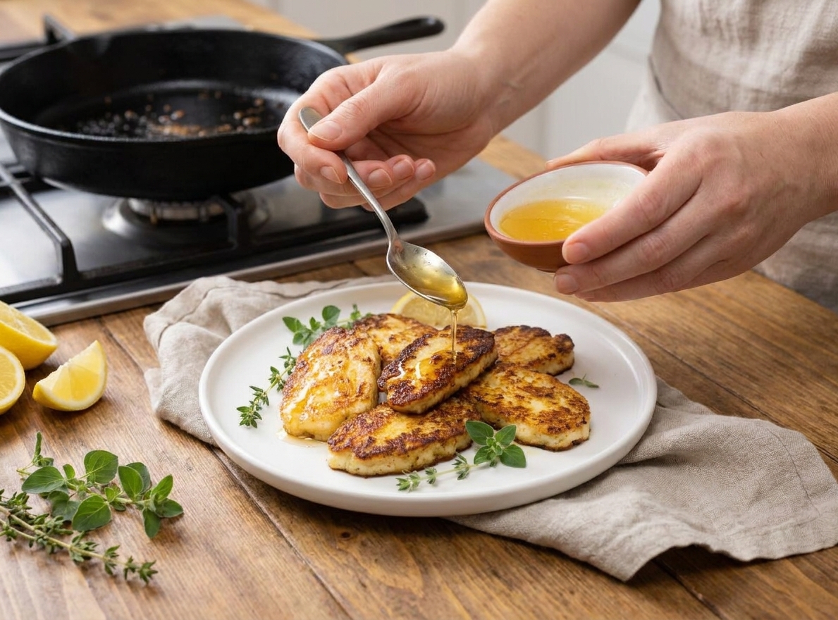 A pair of hands drizzling lemon honey sauce over freshly seared halloumi on a simple white plate on a kitchen counter