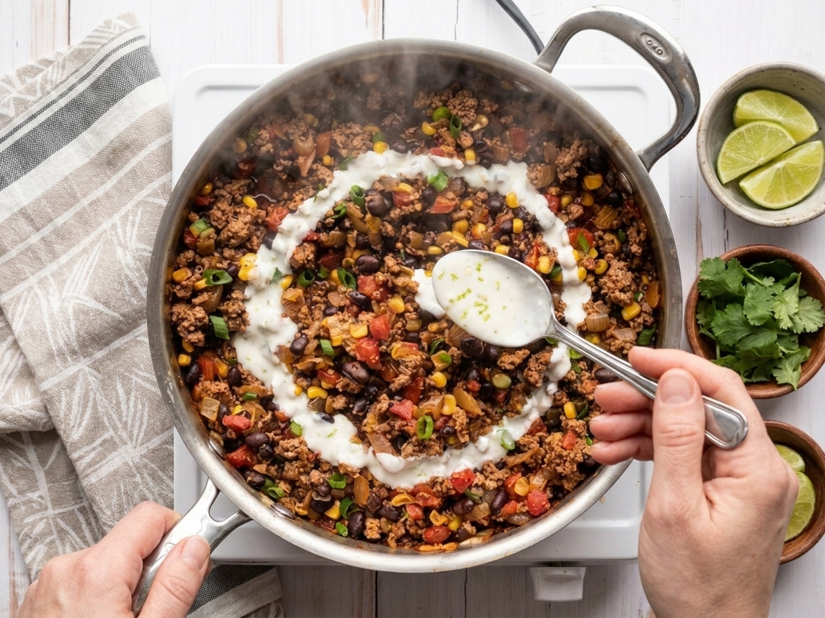 A pair of hands drizzling lime yogurt sauce over a hot turkey taco skillet on a stovetop with steam rising from the pan