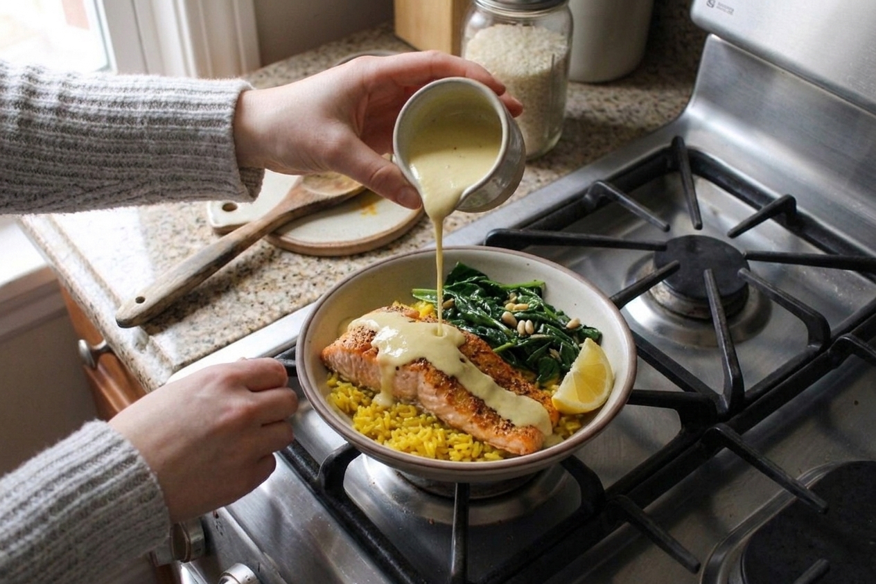 A pair of hands drizzling tahini lemon sauce over a salmon and turmeric rice bowl on a kitchen counter