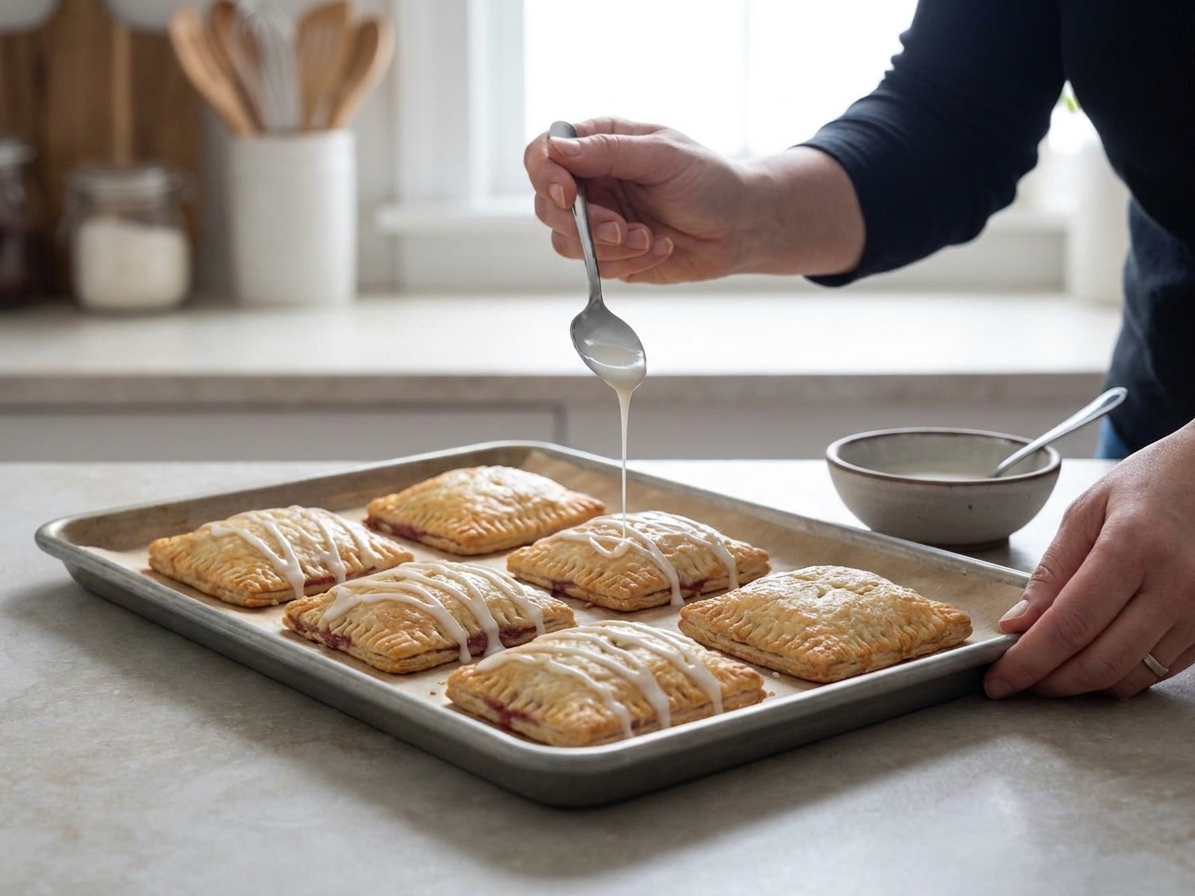 A pair of hands drizzling vanilla icing over cooled homemade pop tarts on a parchment-lined baking sheet in a home kitchen