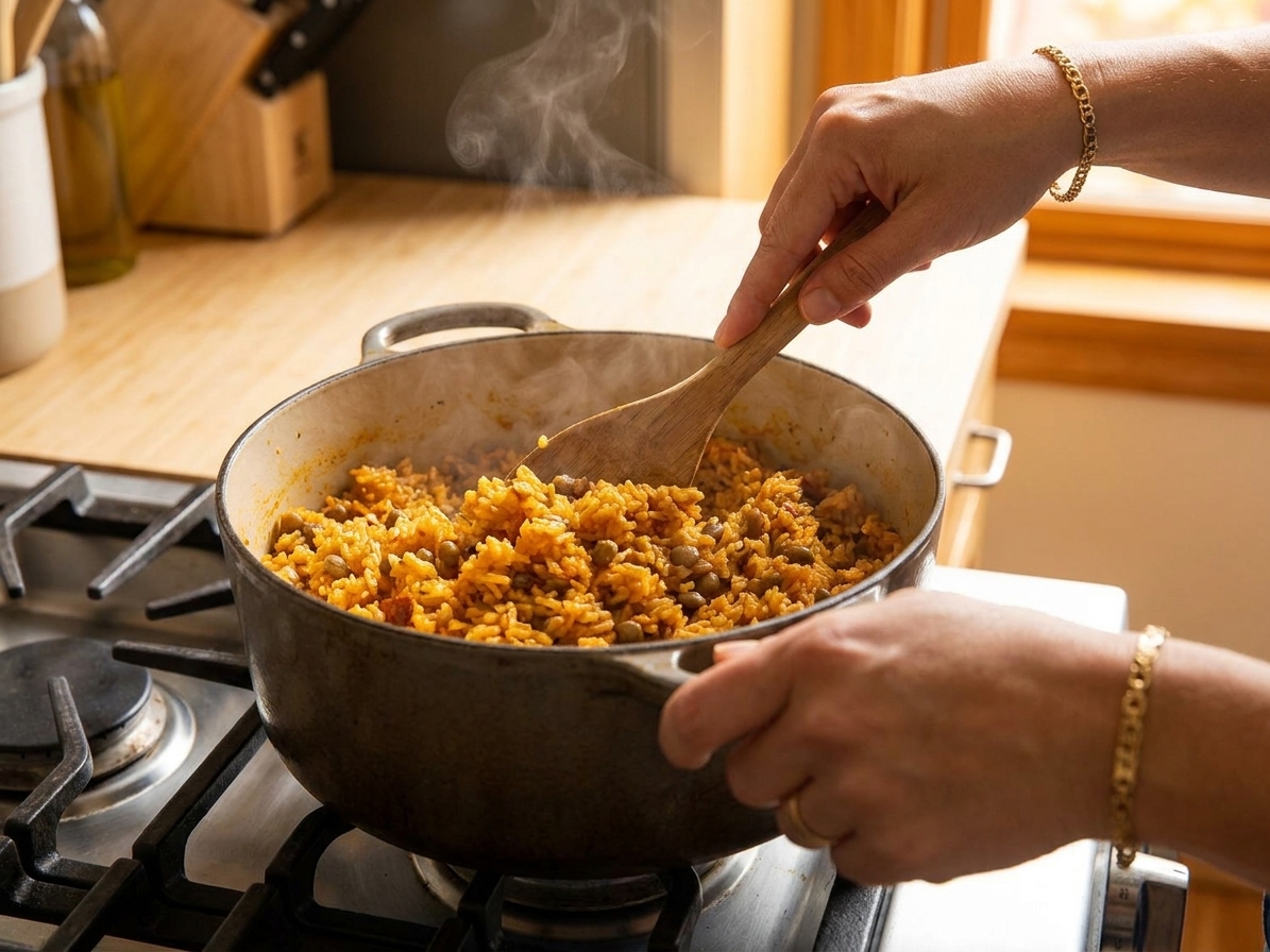 A pair of hands fluffing golden arroz con gandules with a wooden spoon inside a heavy pot on a stove, steam rising in warm kitchen light