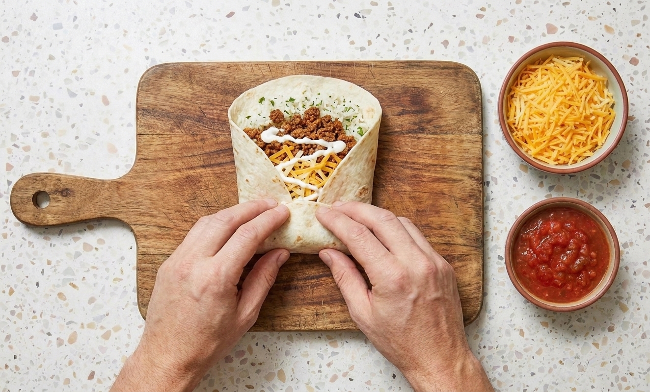 A pair of hands folding a tortilla tightly around seasoned beef and rice on a wooden cutting board, with bowls of cheese and salsa nearby