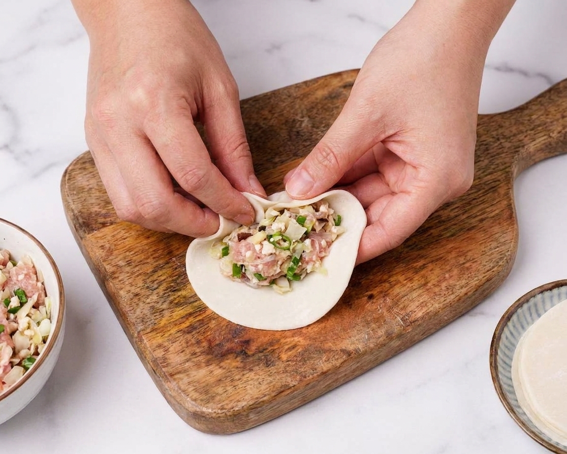 A pair of hands folding and pleating a round dumpling wrapper filled with pork and tofu mixture on a wooden cutting board