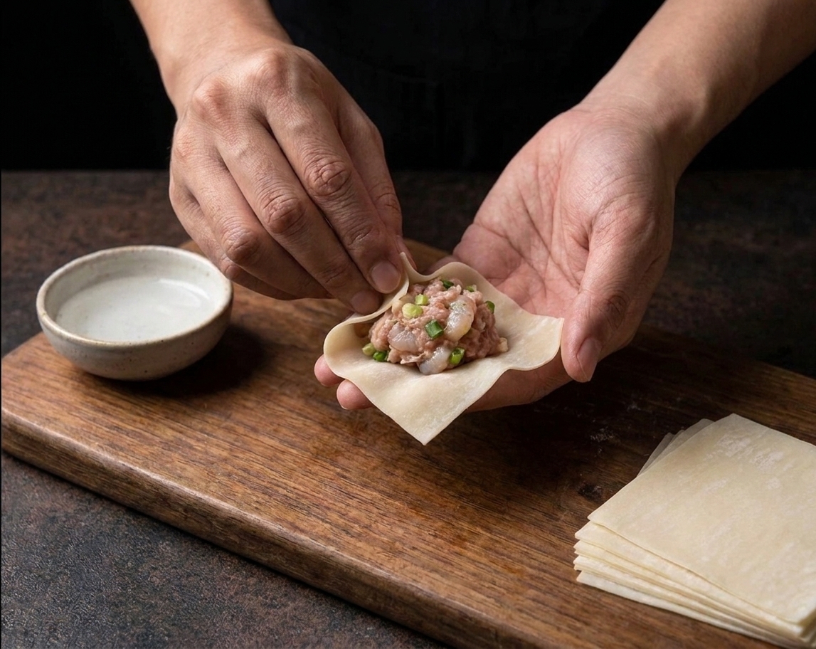 A pair of hands forming shumai by pressing a wonton wrapper around a small mound of pork and shrimp filling on a cutting board