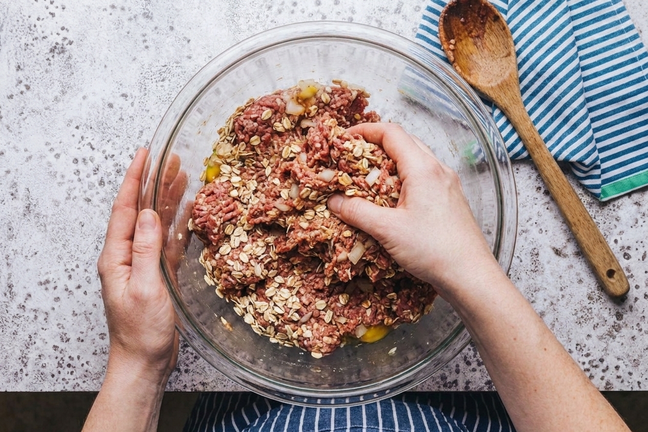 A pair of hands gently mixing meatloaf ingredients in a glass bowl on a kitchen counter, with oats visible in the mixture