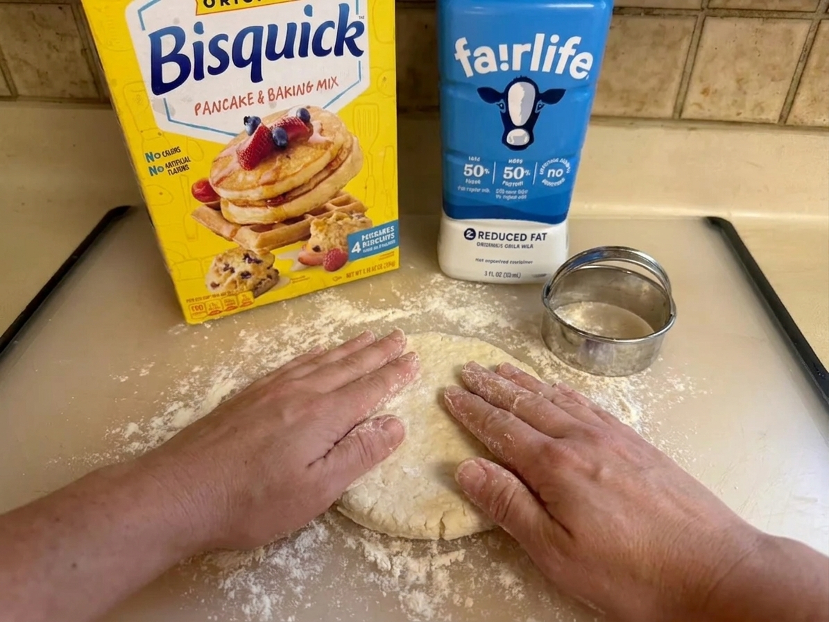 A pair of hands gently patting biscuit dough on a floured kitchen counter next to a biscuit cutter