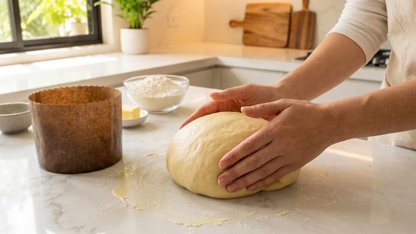 A pair of hands gently shaping a smooth enriched dough ball on a lightly buttered kitchen counter next to a panettone paper mold