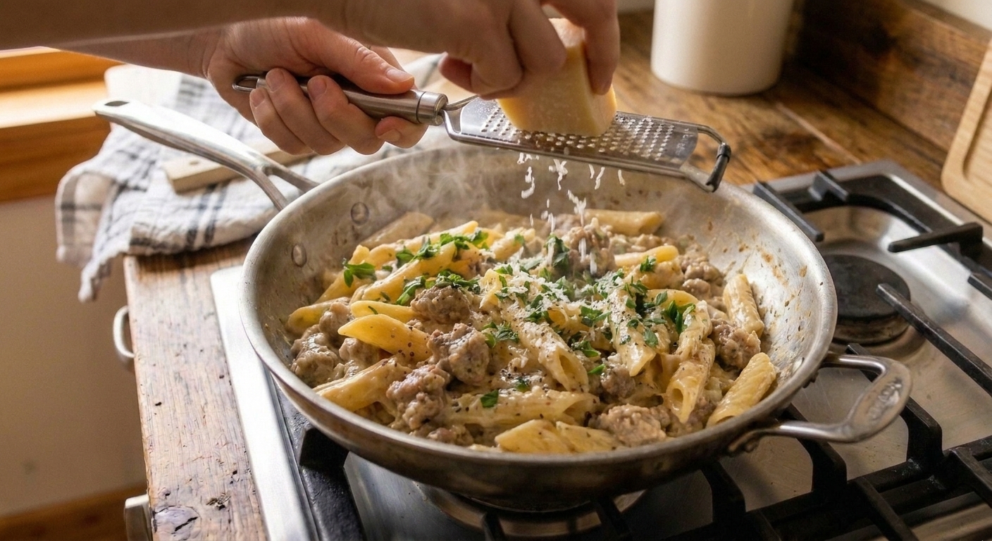 A pair of hands grating Parmesan over a skillet of creamy sausage pasta on a stove, with steam rising in warm kitchen light