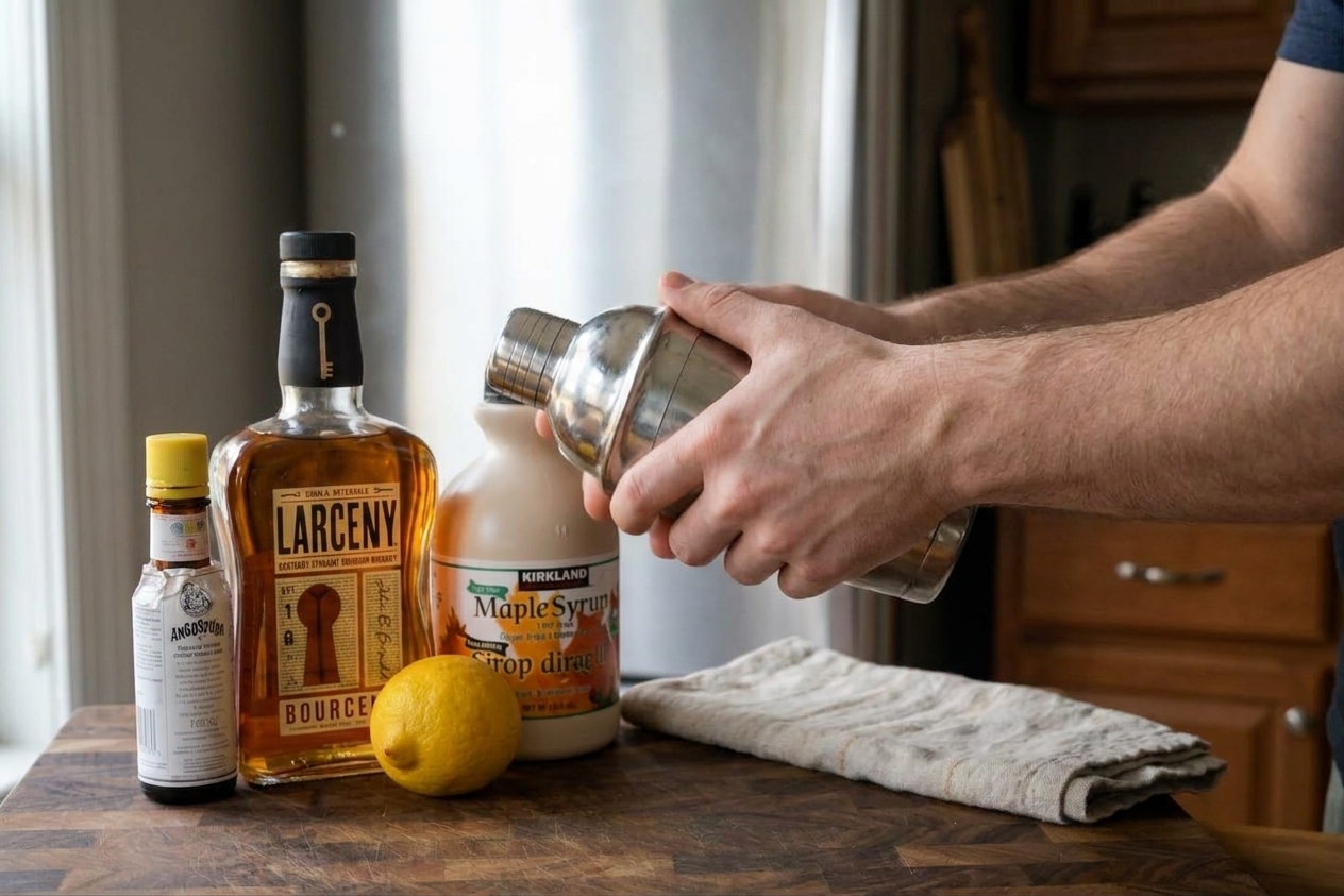 A pair of hands holding a cocktail shaker on a kitchen counter, ready to dry shake a whiskey sour with egg white before adding ice