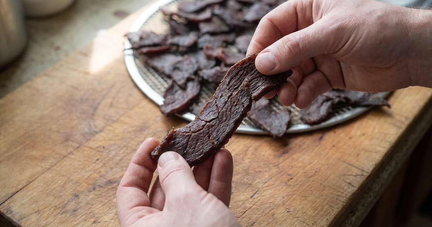 A pair of hands holding a finished venison jerky strip bent slightly to show cracking and fibrous texture