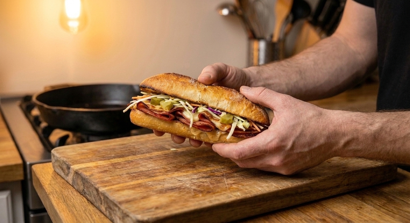 A pair of hands holding a toasted mortadella and provolone sandwich with crunchy slaw spilling slightly from the side, kitchen background softly blurred