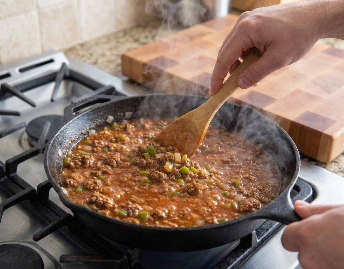 A pair of hands holding a wooden spoon over a skillet filled with thick sloppy joe sauce on a stovetop, steam rising in warm kitchen light
