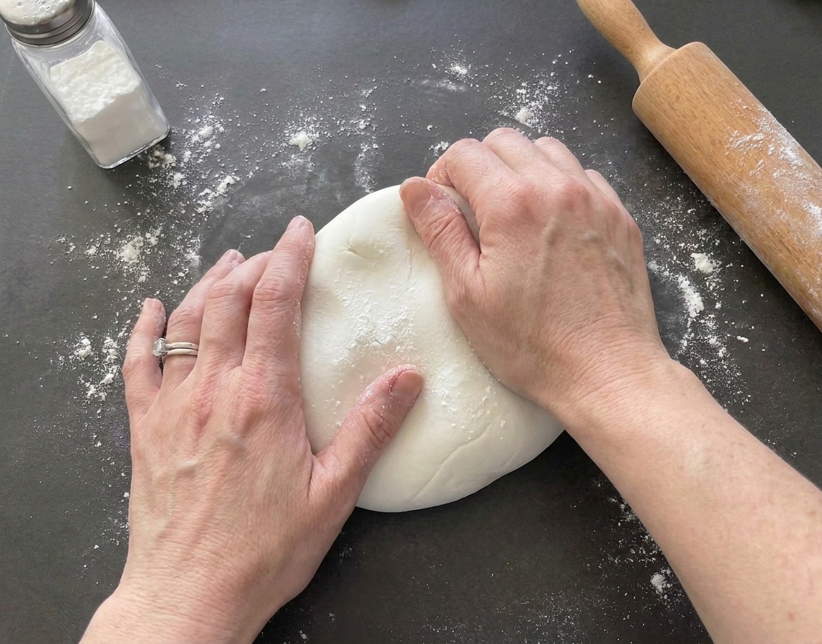 A pair of hands kneading a soft white ball of fondant on a lightly powdered kitchen counter with a dusting of powdered sugar