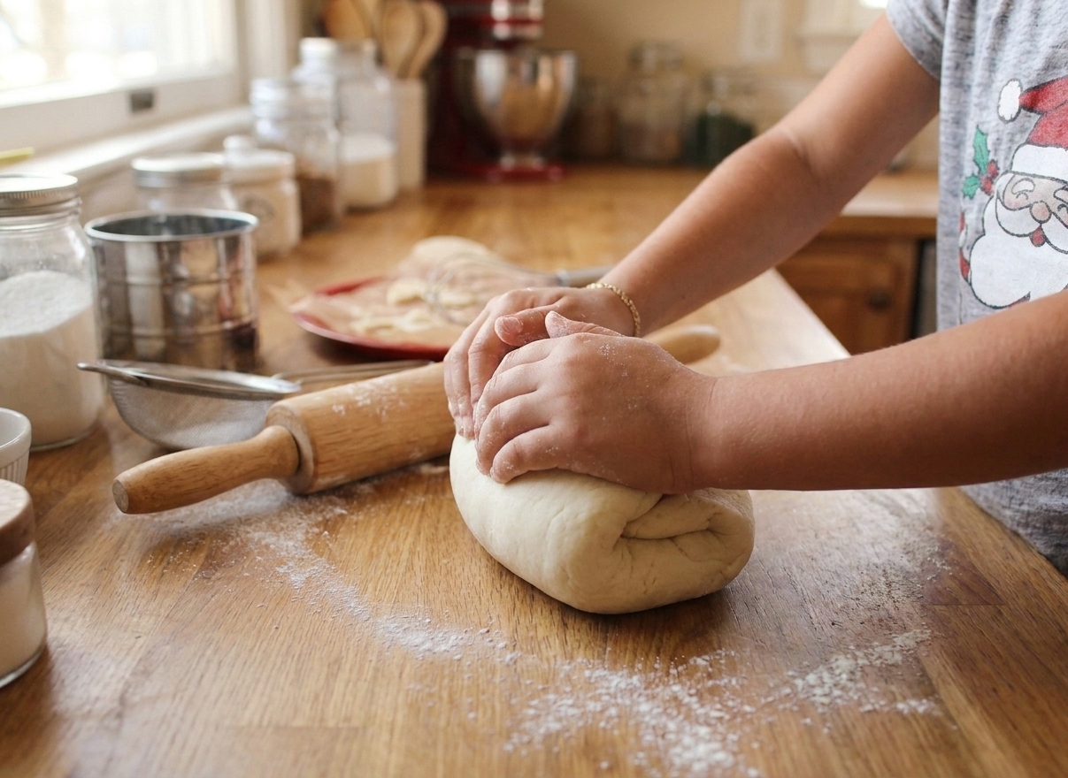 A pair of hands kneading salt dough on a lightly floured wooden countertop with a rolling pin nearby
