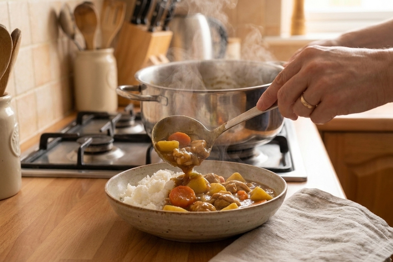 A pair of hands ladling hot Japanese style curry from a pot into a bowl of rice on a kitchen counter with consistent warm lighting