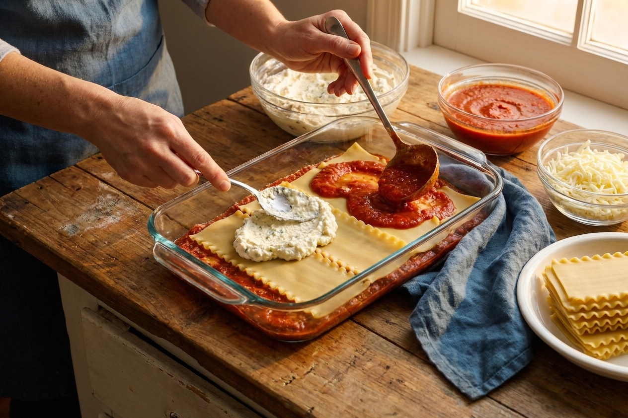 A pair of hands layering ricotta mixture and sauce over lasagna noodles in a glass baking dish on a kitchen counter with warm evening light