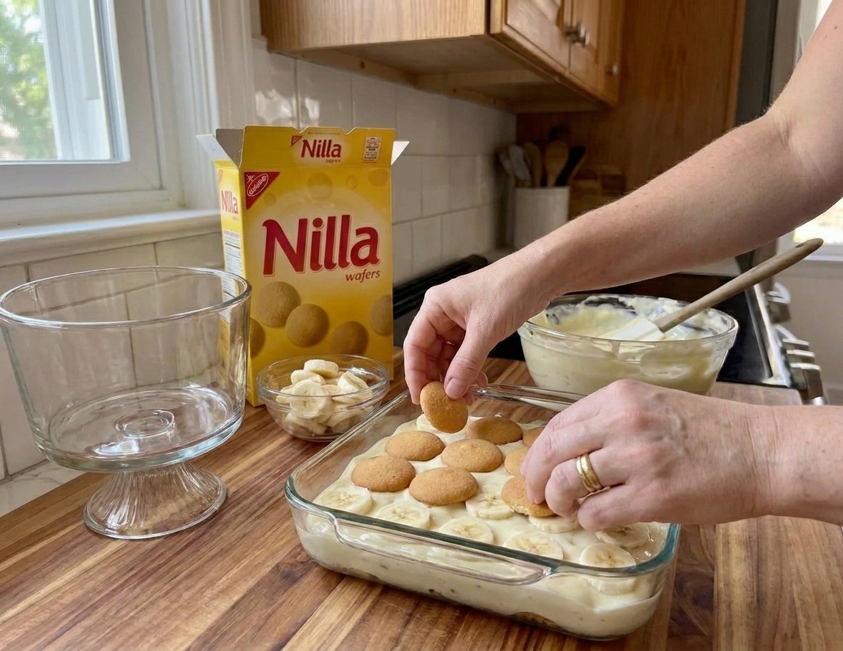 A pair of hands layering vanilla wafers, banana slices, and creamy vanilla pudding into a glass baking dish on a home kitchen counter