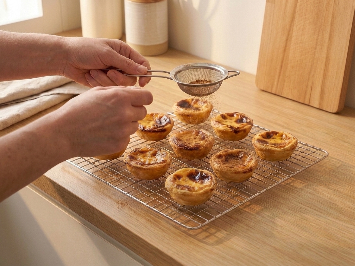 A pair of hands lightly dusting cinnamon over warm custard tarts on a cooling rack in a home kitchen