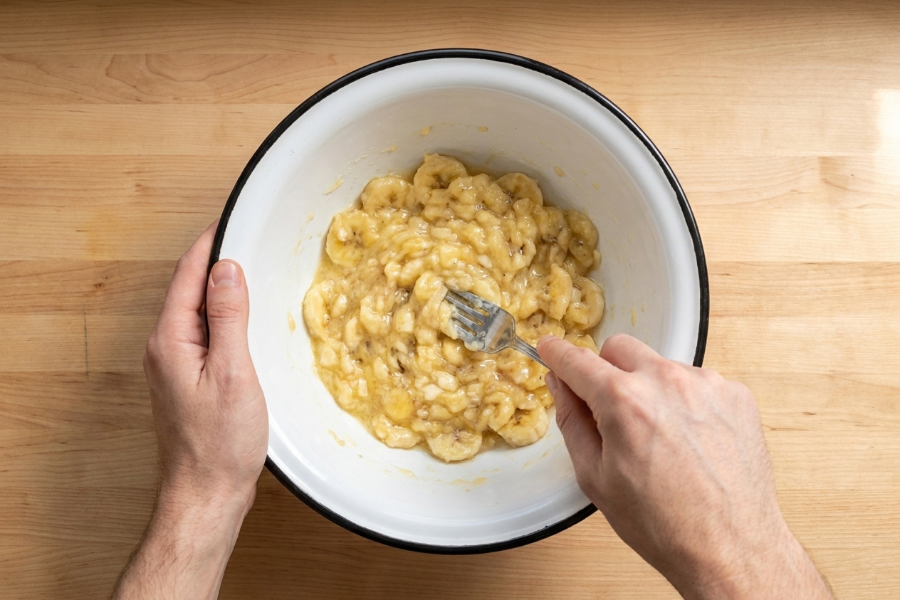A pair of hands mashing very ripe bananas with a fork in a large mixing bowl on a bright kitchen counter