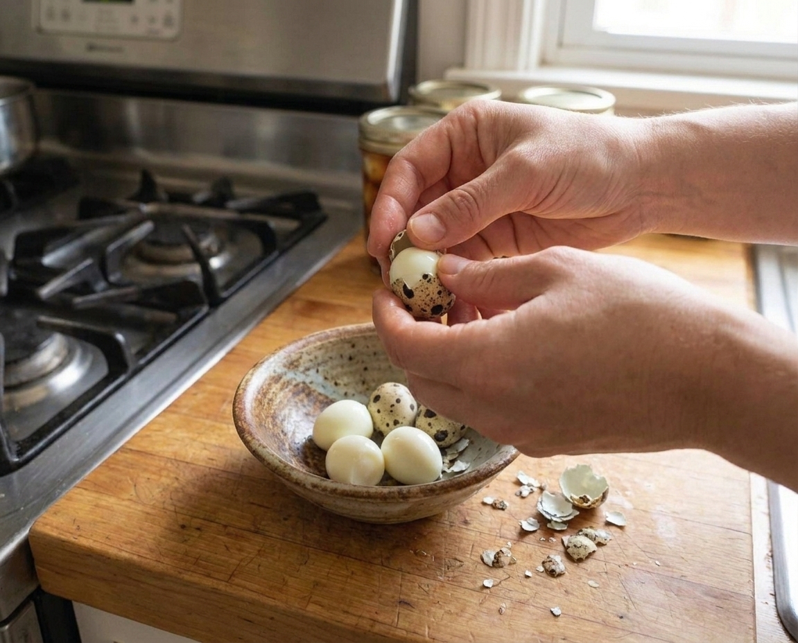 A pair of hands peeling a quail egg over a bowl on a bright kitchen counter with bits of shell nearby