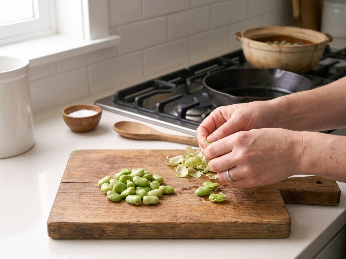 A pair of hands peeling blanched fava beans on a wooden cutting board in a home kitchen with soft natural light