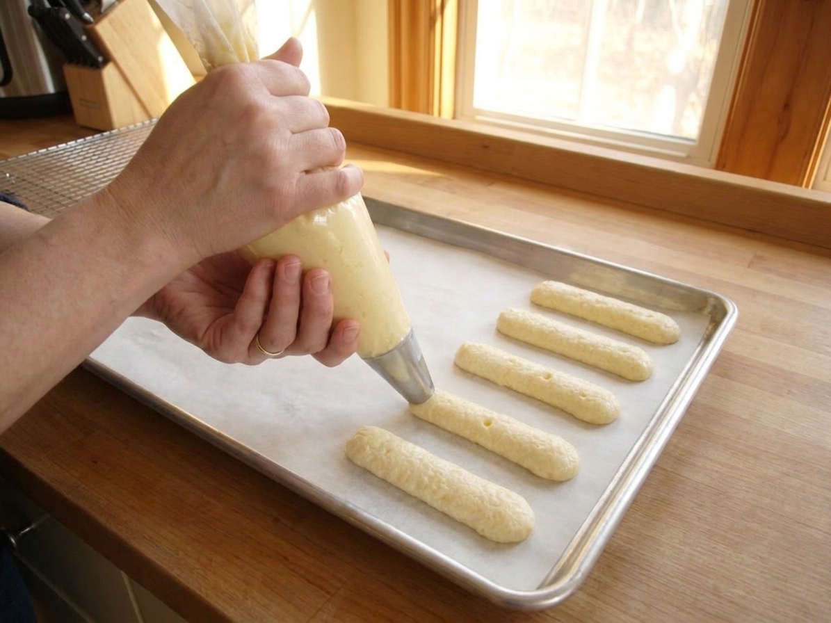 A pair of hands piping ladyfinger batter into straight logs on a parchment-lined baking sheet on a home kitchen counter