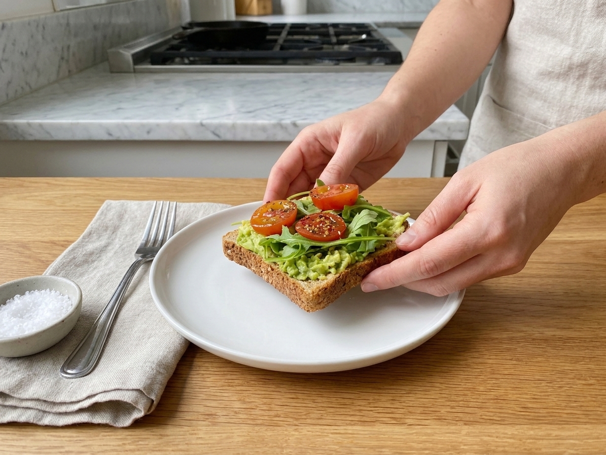 A pair of hands placing finished avocado toast made on sprouted grain bread onto a plate at a kitchen table with simple place setting