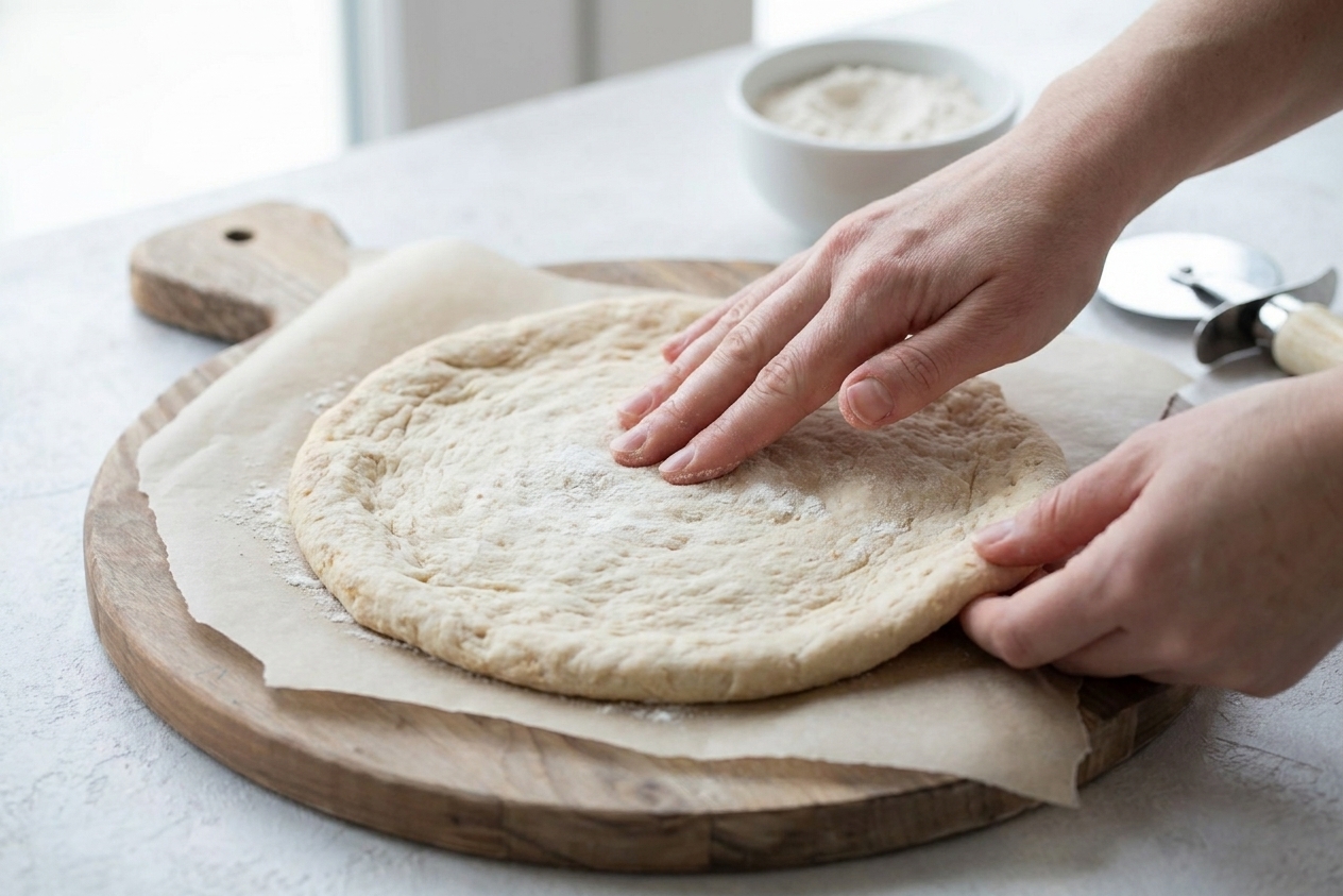 A pair of hands pressing and spreading gluten-free pizza dough into a round on parchment paper on a kitchen counter