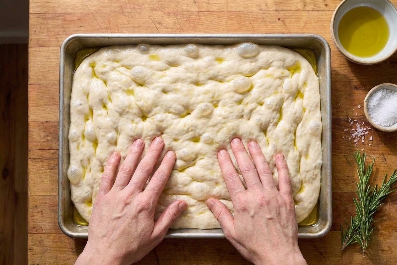 A pair of hands pressing fingertips into risen focaccia dough in an oiled 9x13-inch pan on a home kitchen counter