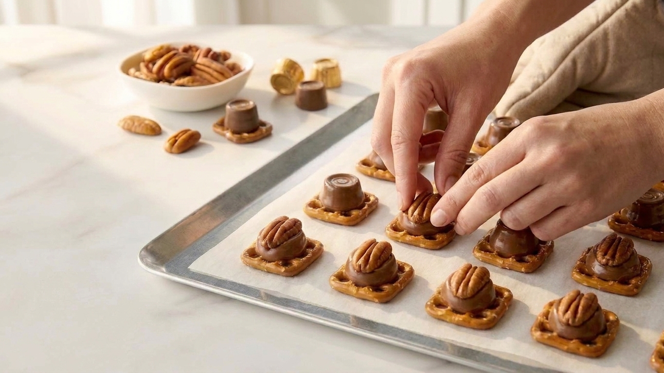 A pair of hands pressing pecan halves into warm softened Rolos on pretzels on a parchment-lined baking sheet