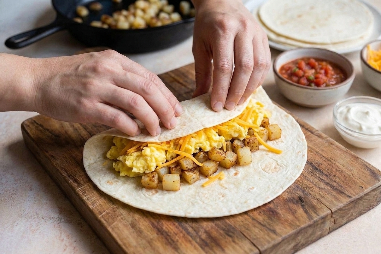 A pair of hands rolling a large flour tortilla around scrambled eggs, crispy potatoes, and cheese on a wooden cutting board in a home kitchen